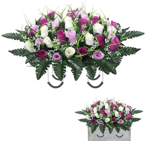 Lodou Cemetery Flowers for Grave,Headstone Flower Saddle,Flowers for Cemetery Grave Decoration Headstone Flower Saddle for Headstone Decoration (Purple White)