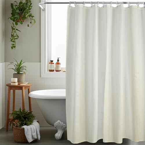 AQUALONA® Shower Curtain, 12 FREE HOOKS INCLUDED - Polyester, Water-repellent Coating, Lustre Finish and Rustproof Chrome Eyelets - Mildew Resistant and Weighted Hem, 180 x 180 cm (Plain Cream)