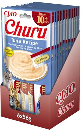 INABA Churu Senior Snack per Gatti Anziani con Tonno - 12 Pack (48 Stick x 14gr) - Cibo per Gatti Sopra i 10 Anni, con Omega 3, Taurina e Vitamina C & E, Snack Gatto Funzionale