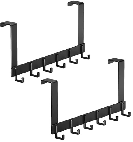 Perchero para Puerta de 2 Unidades, 6 Ganchos Por Pieza, Color Negro, Resistente a la Oxidación, Aluminio Espacial, No Requiere Taladrar Ni Pegar, Apto para Puertas con Un Grosor de 3,5 a 3,8 cm