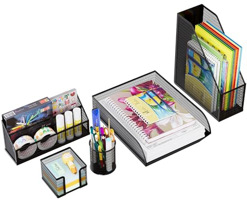 Solinxe Set d'organisation de Bureau en métal - Bac à Documents A4 Bac à courrier Porte-Crayons Porte-Lettres et Porte-Notes adhésives, Noir
