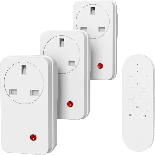 Remote Control Plug Socket, WEALTVAN 13A/3000W Wireless Remotes Light Switch, 40M/130ft Operating Range, 3 Pack Sockets and 1 Remote