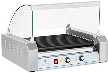 Royal Catering Hot Dog Grill Hot Dog Maschine Hot Dog Maker (11 Rollen, Platz für 20 Würstchen, teflonbeschichtet, 2.200 W, 2 Heizzonen, Edelstahl) silber