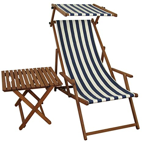 Erst-Holz Liegestuhl blau-weiß Gartenstuhl Tisch Sonnendach Deckchair Buche Strandstuhl klappbar 10-317ST