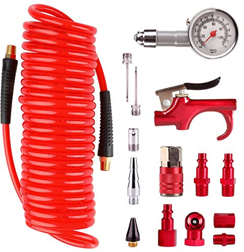 Hromee 16 Pieces Air Compressor Accessory Kit with 1/4 Inch Recoil Poly Air Hose, Blow Gun and Fittings Inflation Kit with Needles, Ball Chuck and Tire Pressure Gauge