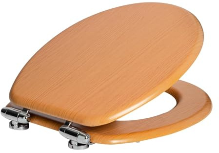 Harbour Housewares Soft Close Wooden Toilet Seat - Beech - Pack of 1 | Oval-Shaped Antibacterial Loo Lid with Easy Install Universal Hinges, Fixings & Fittings for Bathroom Toilet Replacement