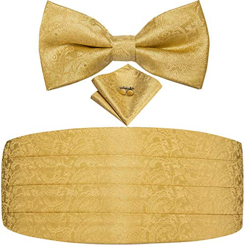 Dubulle Mens Paisley Floral Cummerbund and Bowtie Silk Pretied Bow Ties for Men Handkercheif Cufflinsk Set,A gold