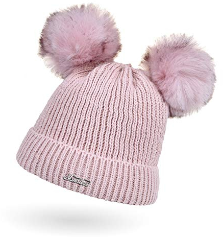 Neverless® Kinder Mädchen Strickmütze Zwei Bommel Kunstfell Doppelbommel Bommelmütze Wintermütze Pudelmütze Rippstrick rosa Unisize
