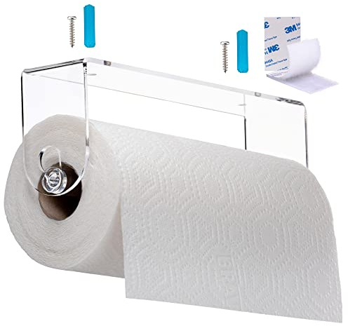 Srenta Clear Acrylic Paper Towel Holder Wall Mount Paper Towel Holder Under Cabinet, Wall Mounted Undermount Hanging Paper Towels Holder Dispenser, Holds Jumbo Rolls, Adhesive Strips & Screws Included