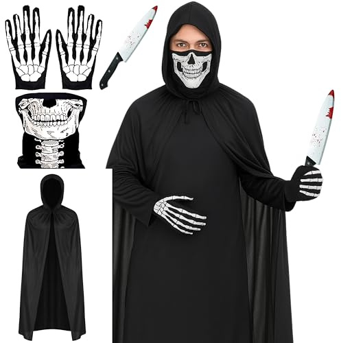 4pc Adult Skeleton Costume with Half Skull Mask Bone Gloves Fake Knife with Fake Blood and Hooded Black Cloak - Scary Skeleton Halloween Costumes for Men - Adult Grim Reaper Halloween Outfit for Men