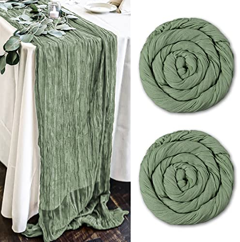 Pesonlook 2 Pack Sage Green Cheesecloth Table Runner, 10FT Boho Gauze Table Runner 35x120 Inch for Wedding Bridal Baby Shower Birthday Party Decorations