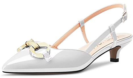 HDEUOLM Femmes Bas Kitten Talon Heel Pointu Bout Sandales Slip-on Lanières Cheville Escarpins Mariage Party Cute 3.5 CM Heels Chaussures Blanc 45 EU