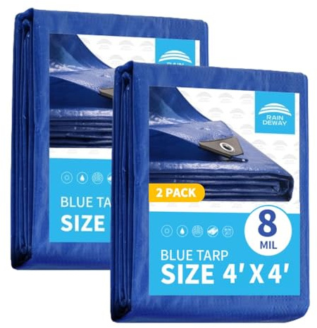 RAINDEWAY Small Tarps 4x4 Feet (2 Pack) 8 Mil, UV Resistant, Durable, Multipurpose Waterproof Poly Tarp Cover with Metal Grommets and Reinforced Edges,Blue Tarp