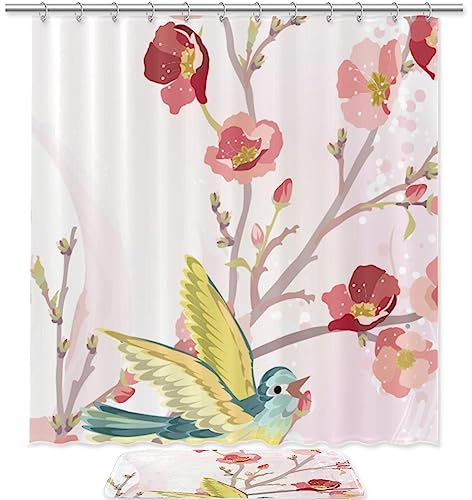 KQNZT Duschvorhang-Sets mit Teppichen, 2-teiliges Badezimmer-Dekor-Set, wasserdichte Badematten, Badezimmer-Vorhänge, Dusch-Set mit 12 Haken,Aquarell Pflaume Vogel Frühling