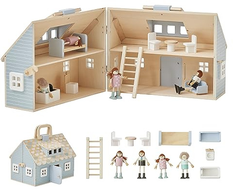 Olivia's Little World Wooden Cottage Dollhouse with 12 Accessories & 4 Figurines – Portable 2-Story Playhouse for 3.5 Dolls – Foldable Miniature Toy House for Girls Ages 3+