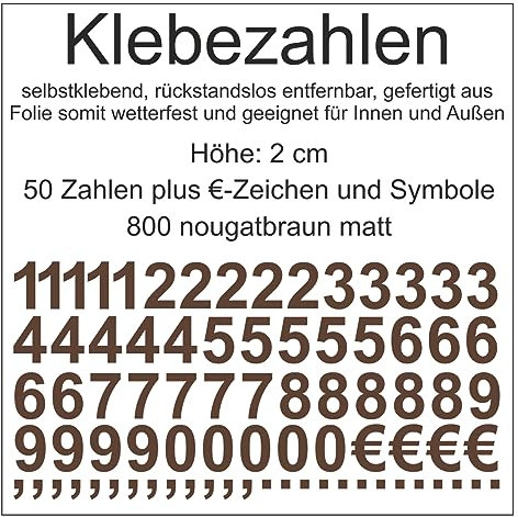 Aufkleber Sticker Klebezahlen Klebezahl Zahlen Zahl Nummern aus Folie 50 Zahlen braun nougatbraun matt Höhe 2 cm selbstklebend wetterfest Nummerierung Preisauszeichnung Beschriftung Modellbau