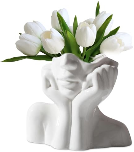 SUNOYA Weiße Keramik-Vase, modernes Kopfform-Design für Mädchen, trockenes Blumenarrangement, Heimdekoration