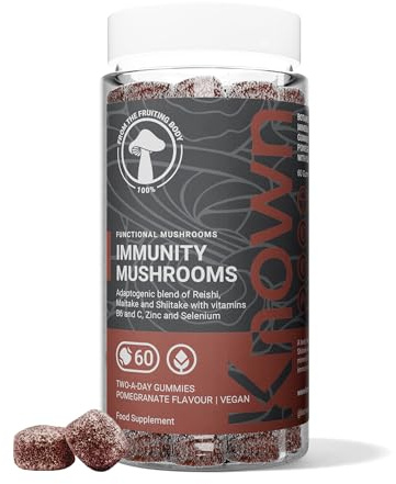 Known Tasty Immunity Mushrooms Gummies - Reishi, Maitake, Vitamin C, Zinc & Selenium - Natural Pomegranate Flavour - 60 Vegan Gummies, 1 Month Supply