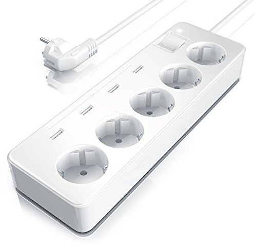 Steckdosenleiste 5-Fach mit 4 USB Ladeanschlüssen, Überspannungsschutz (Mehrfachsteckdose mit erhöhtem Berührungsschutz, Schalter und 1,5m Kabel) weiß