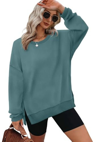 XIEERDUO Sweatshirt Damen ohne Kapuze Rundhals T Shirt Damen Oversized Langarmshirt Damen Top Herbst Winter Oberteile Damen Elegant Türkis L