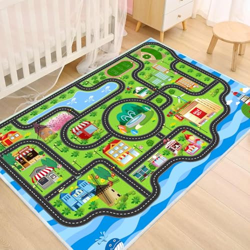 nanshiba Car Rug,Kids Play Rug with Roads,Playroom Toy Car Rug, Car Track Rug City Map for Bedroom Classroom - (59X39.4 Inches)