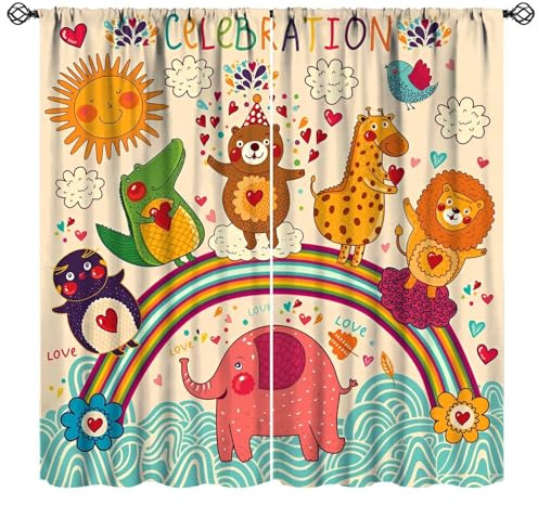 Mchenxin Cartoon Animal Curtains, Cute Rainbow Sun Happy Animal Lion Elephant Bear Dinosaur Print Window Treatments for Baby Kids Bedroom Easter Party, 42x45in (No Blackout)