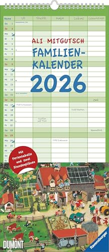 DUMONT - Calendrier familial Ali Mitgutsch, 2026 – Calendrier mural 22 x 50 cm – Planificateur familial avec 5 colonnes et images cachées du livre pour enfants classique : avec tableau des vacances et