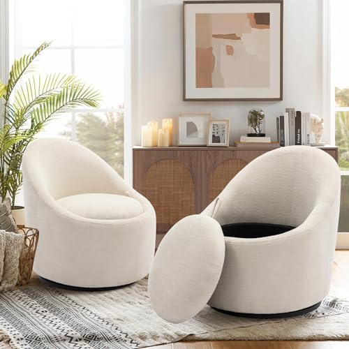 COLAMY 360° Swivel Accent Chair Set of 2, Fully Assembled Living Room Armchair with Pillow, No-Sag Foam, Sturdy Metal Base, Swivel Accent Single Sofa for Bedroom Living Room, Reading Room, Beige
