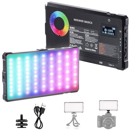 NEEWER Basics Luz Video RGB Foco Cámara, 8W 2700K-7500K Portátil Colores RGB Completos, 18 Escenas CRI97 4000mAh Recargable Panel LED Metal para Cámaras DSLR Trípode Grabación Video Streaming, SL90C