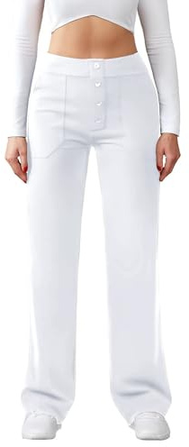 Friptspyg Pants Ladies High Waist Wide Button Straight Leg Casual Work Yoga Stretch with Pockets, white, M