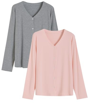 Latuza Women's Bamboo Viscose Pajama Top Long Sleeve Button Up Sleep Shirt L Light Pink Light Gray 2 Pack