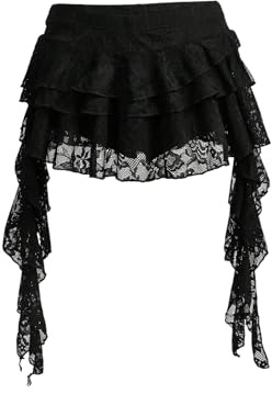 GORGLITTER Women's Lace A Line Tiered Ruffle Mini Skirt Low Elastic Waist Ruffle Trim Flowy Concert Outfits Black Large