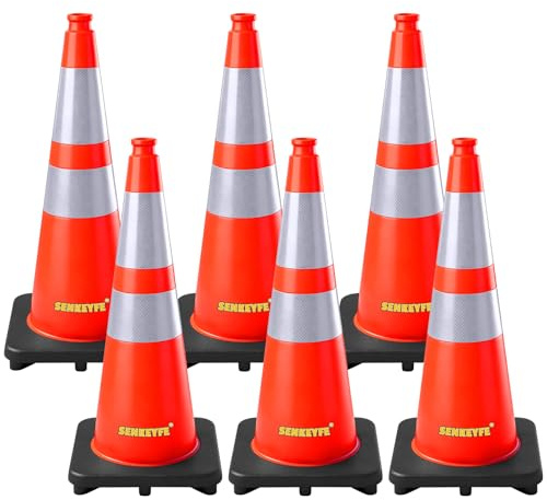 SENKEYFE Traffic Cones 28 Inch with Weighted Base 5.5 lb for Enhanced Stability, Safety Cones Heavy Duty for Traffic Control, Parking Lots, Construction Sites,High Visibility (6 Pack)