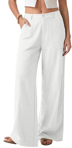 EVALESS Women's Linen Pants Summer High Waist Wide Leg White Palazzo Pants Trendy Button Down Trousers with Pockets Spring 2026 Beach Travel Vacation Outfits Medium