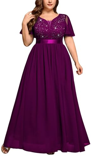 MISSMAY Women's Plus Size Vintage Flutter Sleeves V-Neck Lace Sequin Wedding Guest Ceremony Cocktail Dress