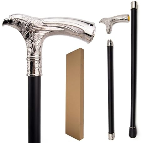 Cabeza de Águila Bastón Caminar en Metal con Diseño Tallado Ornato – Estilo Gentleman para Hombres y Mujeres Ancianos, Cosplay, Colección, Regalo(Antique Silver,Double Section)