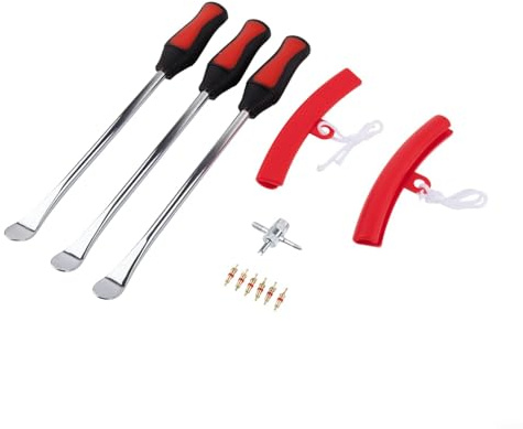 DAZZLEEX Kit de extracción de neumáticos de 13 piezas para automóviles, motocicletas y bicicletas - Picas de neumáticos de acero al carbono, protectores de llantas, llave cruzada, núcleos de válvula y