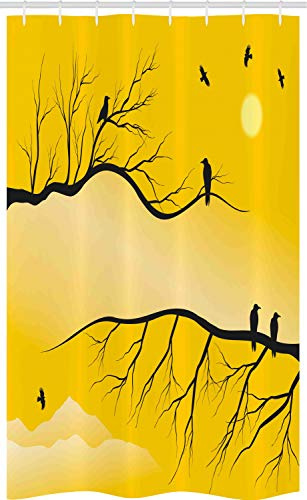 ABAKUHAUS Schwarze Krähe Schmaler Duschvorhang, Vögel auf Kahle Zweige, Badezimmer Deko Set aus Stoff mit Haken, 120 x 180 cm, Grau Gelb