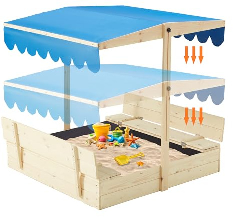 YOLENY Sandbox with Lid,Kids Sandbox with Cover Outdoor,Wooden Sand Box with 2 Foldable Bench Seats for Ages 2-8, Adjustable UV-Resistant Roof & Bottom Liner for Backyard,Beach