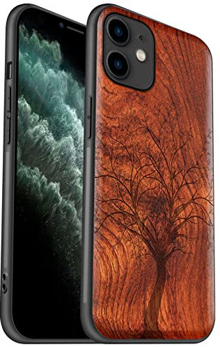 Carveit Coque pour iPhone 11 Protection[Unique Rosé] Artistique Gravure Laser TPU Souple de téléphone Antichoc Compatible avec 11 Coques en Bois (Arbre feuillu)