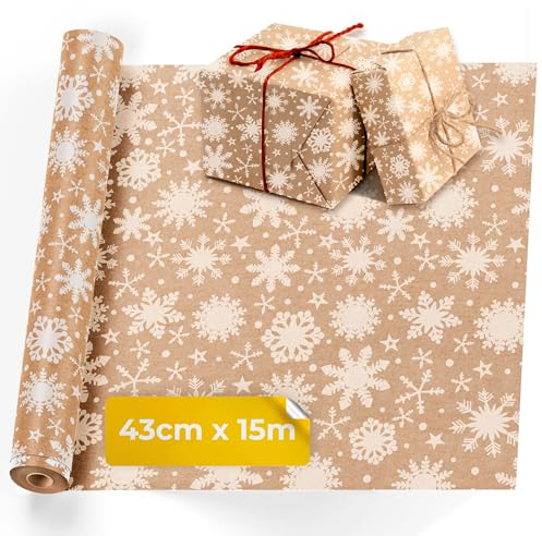 Kraftpapier Rolle mit Schneeflocken-Design - 15 m x 43 cm Geschenkpapier Rolle mit 2 Jute Schnüre - Braunes Packpapier, Ideal als Geschenkpapier Rolle & Weihnachtspapier Geschenkpapier