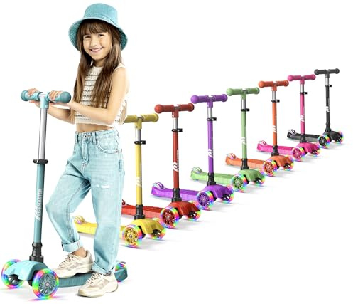 Lifemaster Kids Scooter – Children and Toddler 3 Wheel Kick Scooter – LED Wheel Lights Illuminate When Rolling– Adjustable Handlebar – Indoor and Outdoor Teal