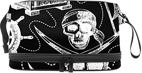 Unisex Kulturbeutel Reise Dopp Kit, Aufbewahrungsbeutel mit Griff für Kosmetik Toilettenartikel Bürsten Werkzeuge,Vintages Anker Schädel Seemuster Schwarz Weiß