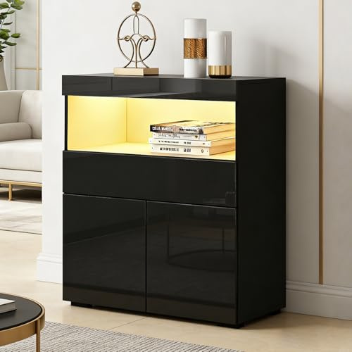 Senvoziii Sideboard Cabinet, High Gloss Storage Cabinet Unit with 2 Doors 1 Drawer and Shelf for Living Room with LED Light Storage Cupboard for Dining Living Room Hallway, 80x35x90cm (Black)