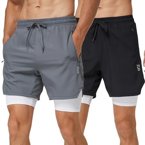 frueo 2er Pack Sporthose Herren Kurz Atmungsaktiv Laufshorts Herren 2 in 1 Schnelltrocknende Running Shorts Komfortabel mit Taschen Gym Shorts(0609)-Black Grey-L