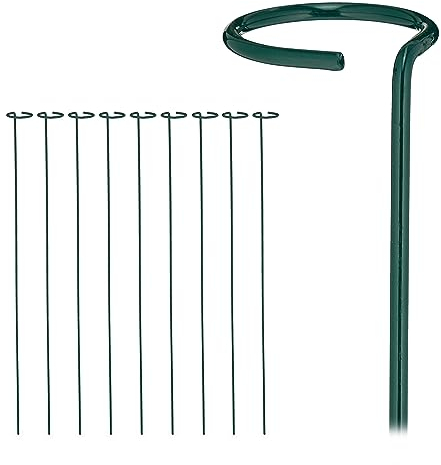 Relaxdays Pflanzstäbe Metall, 10er Set, Rankstäbe mit Ring, Metallstäbe Garten, Rankhilfe Stäbe, 80 cm lang, dunkelgrün