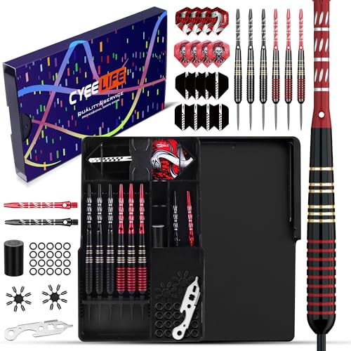 CyeeLife Dartpfeile mit Metallspitze,6 Stück 24 Gramm,Profi Steeldarts 8 Aluminium Schaft mit 16 Flights 20 Orings 2 Flugbefestigung 1 Sharpener und 1 Werkzeug