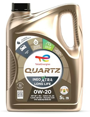 TotalEnergies Huile moteur Quartz 0W-20 ACEA C6 ACEA C5 API SP-RC Ineo Xtra Long Life 5 L Compatible avec VW Golf VII 3/5 portes 5G1, BQ1, BE1, BE2 Polo V 3/5 portes 6R1, 6C1 Tiguan II AD1, AX1