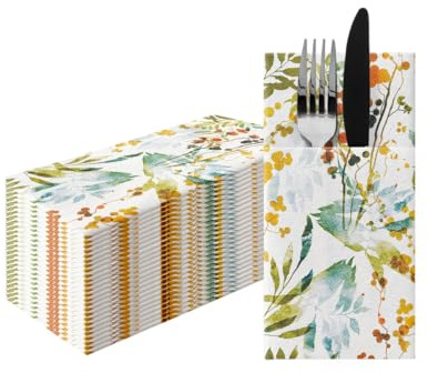 PAW Linen Feel Pocket Napkins 1/8 Fold, 25 Pack - Watercolor Leaves | Cloth-like Airlaid paper with a built-in cutlery pocket, Sets the table in seconds, Sturdy, Ideal for weddings and events