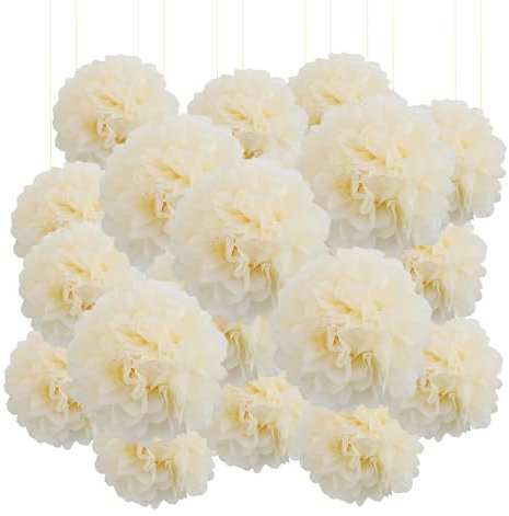 Qimoo 20pcs Beige Paper Pom Poms Decorations, DIY Decorative Tissue Paper Pom-poms Flowers Ball for Party Wedding Outdoor Decoration